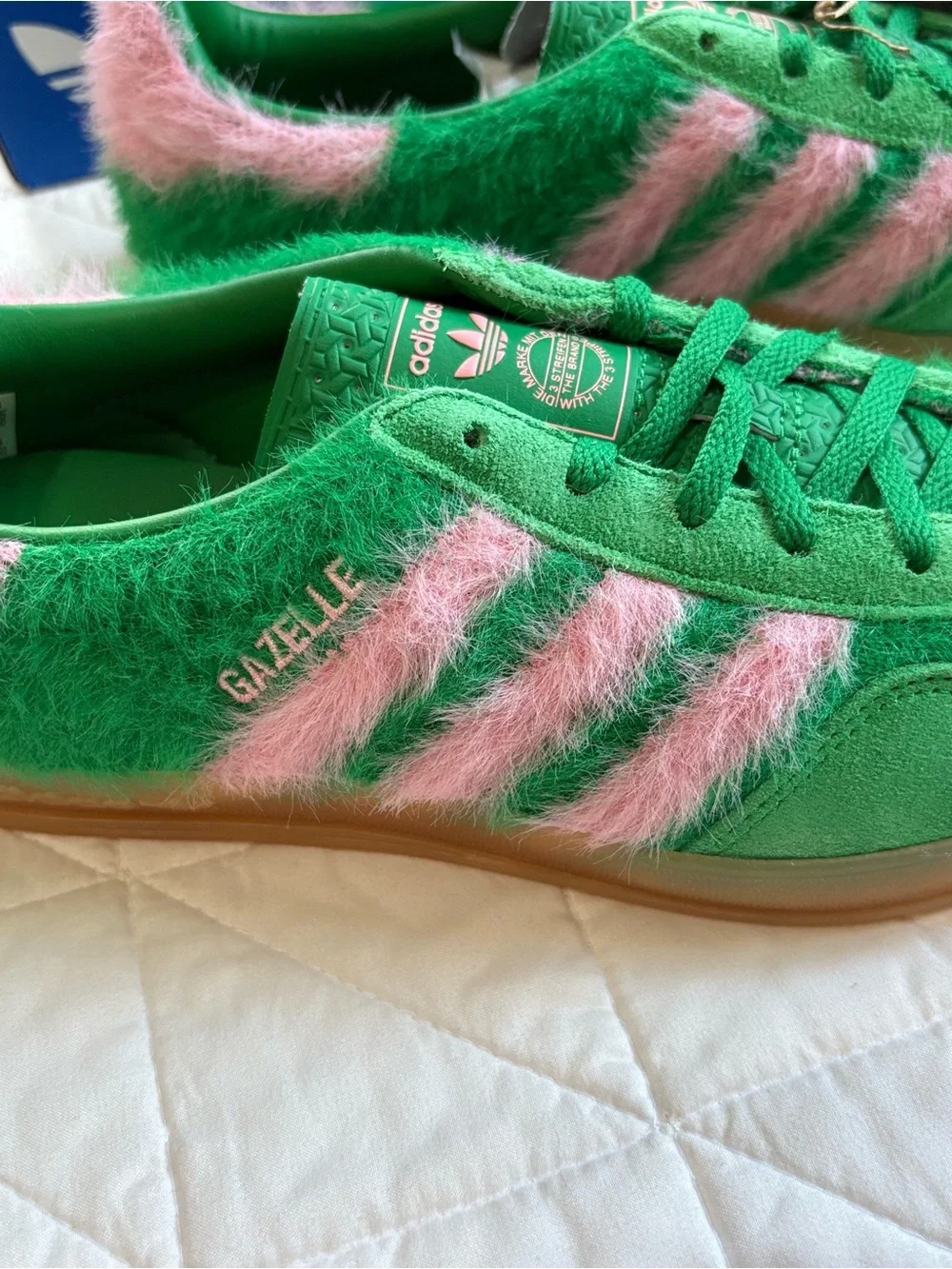 Adidas Gazelle Indoor Green Glow Pink Hairy Mohair-Style Sneakers - Size 7.5 US